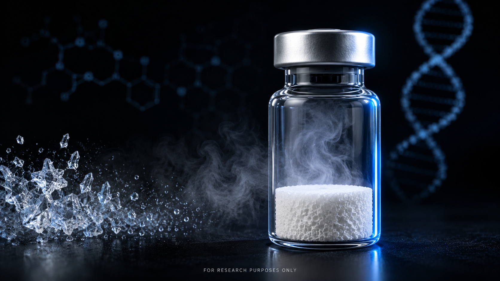Lyophilised peptide vial illustrating ice changing into water vapour during freeze-drying