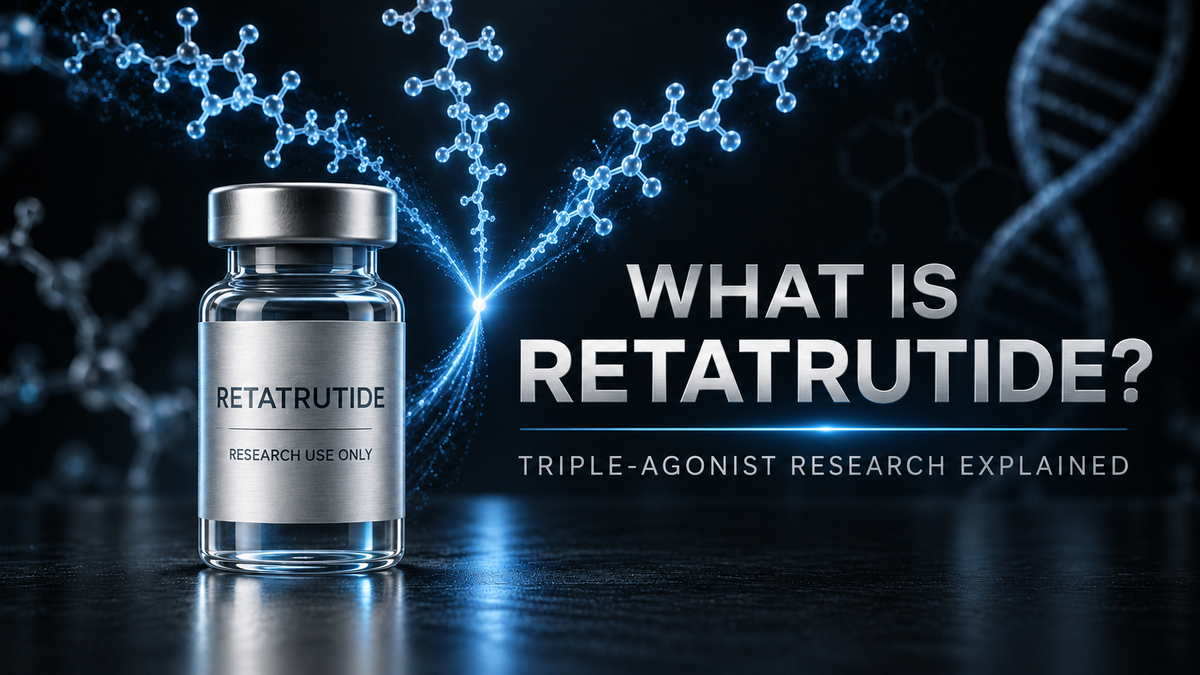 Retatrutide research article cover showing a research vial and three converging molecular pathways