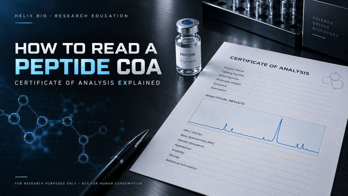 How to read a peptide Certificate of Analysis cover with a research vial, report and chromatogram