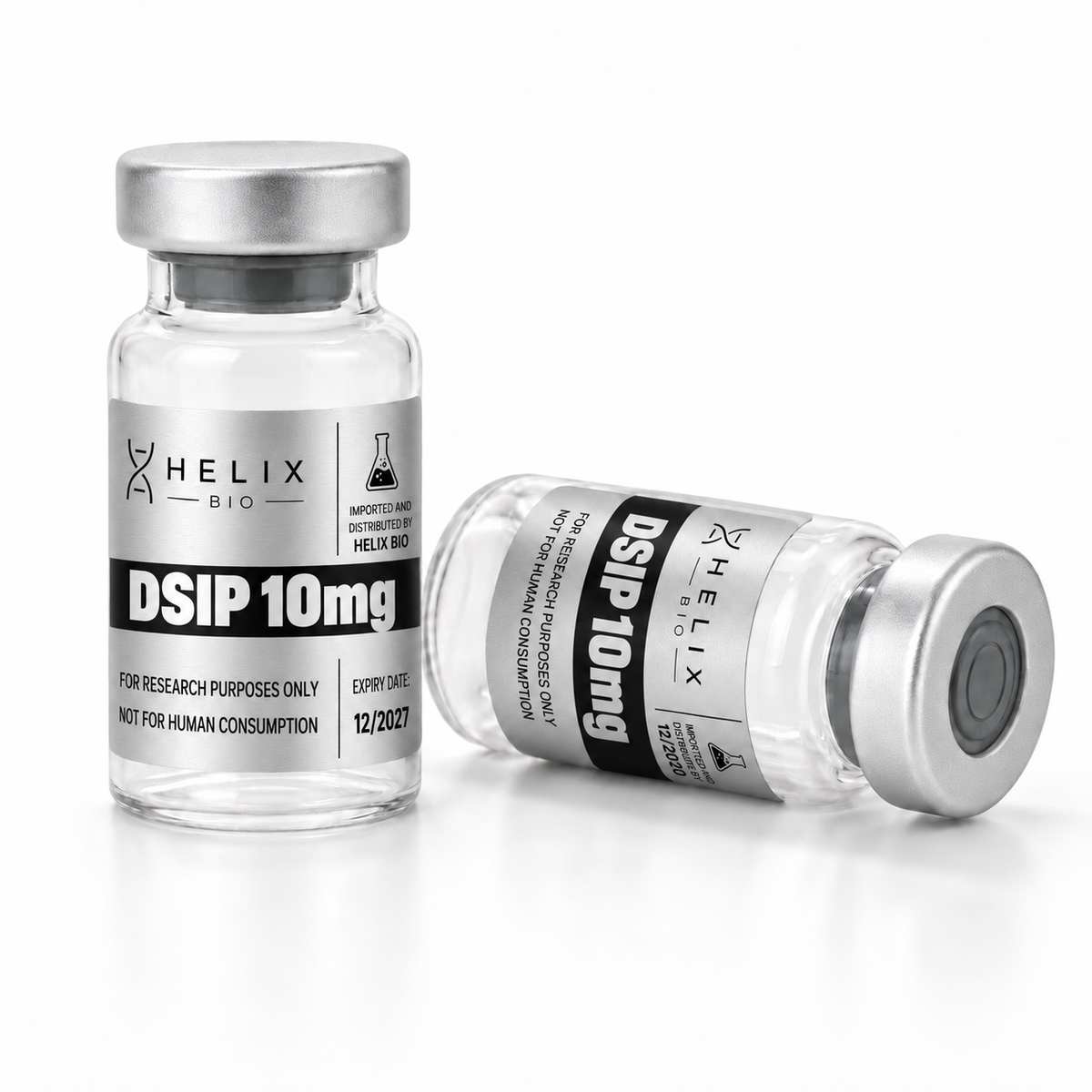 Two Helix Bio DSIP 10mg research peptide vials on a white background