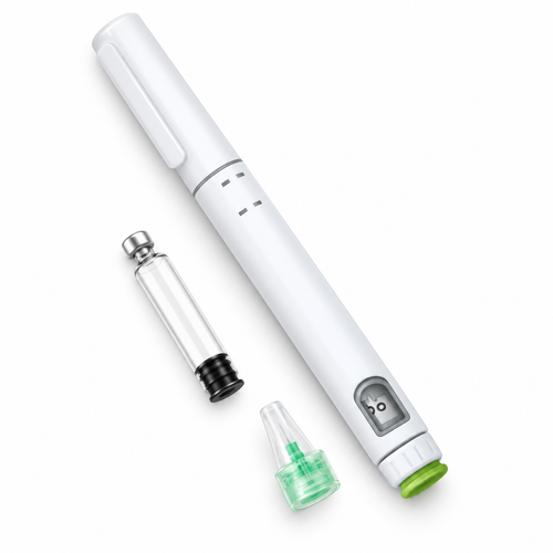 White disposable peptide pen with green base, separate clear cartridge and capped green pen needle on a white background.